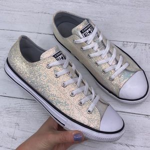 Converse Classic Sneakers Shoes in White Iridescent Glitter Womens Size 7